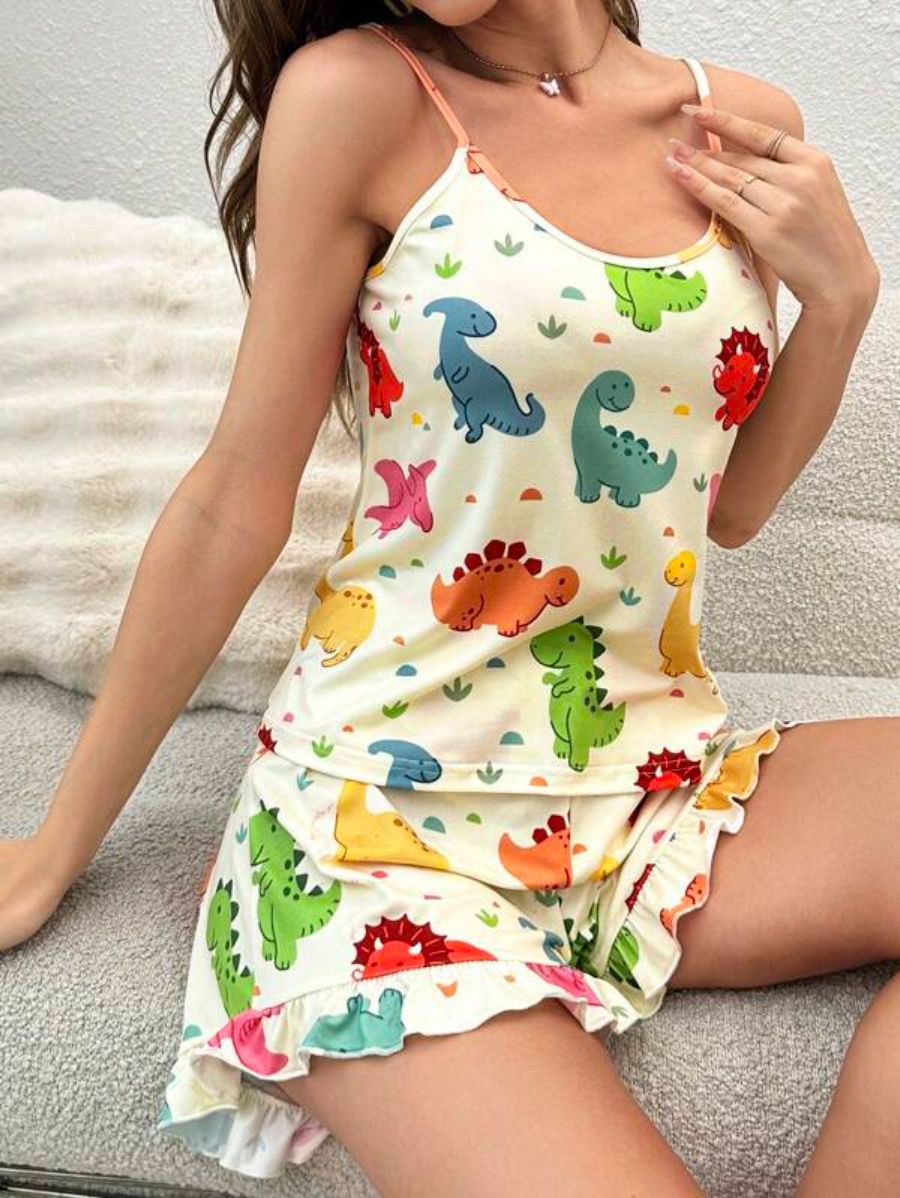 Dinosaur Print Cami Top And Ruffle Hem Shorts Set-Soco Hoodie