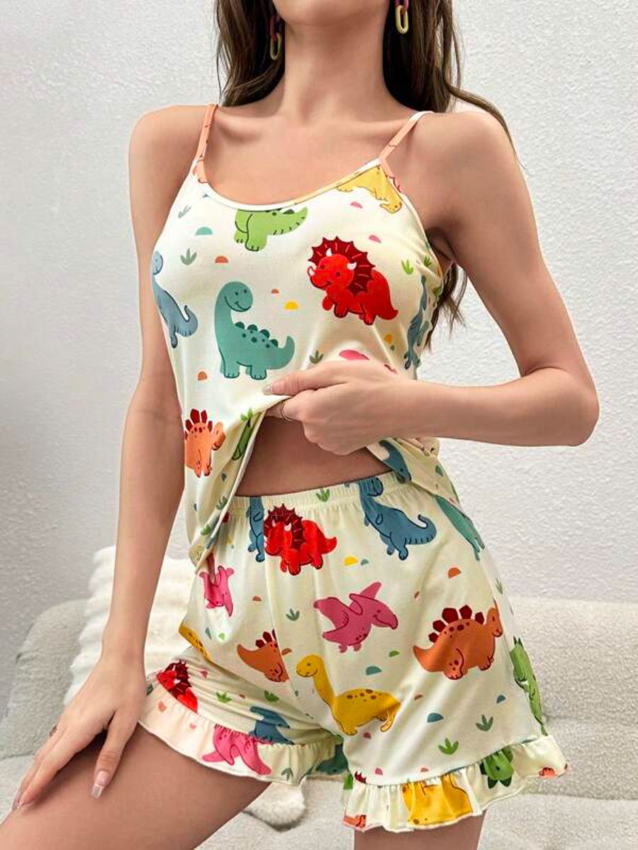 Dinosaur Print Cami Top And Ruffle Hem Shorts Set-Soco Hoodie