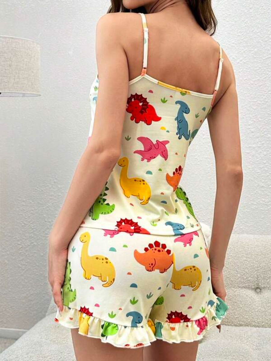 Dinosaur Print Cami Top And Ruffle Hem Shorts Set-Soco Hoodie