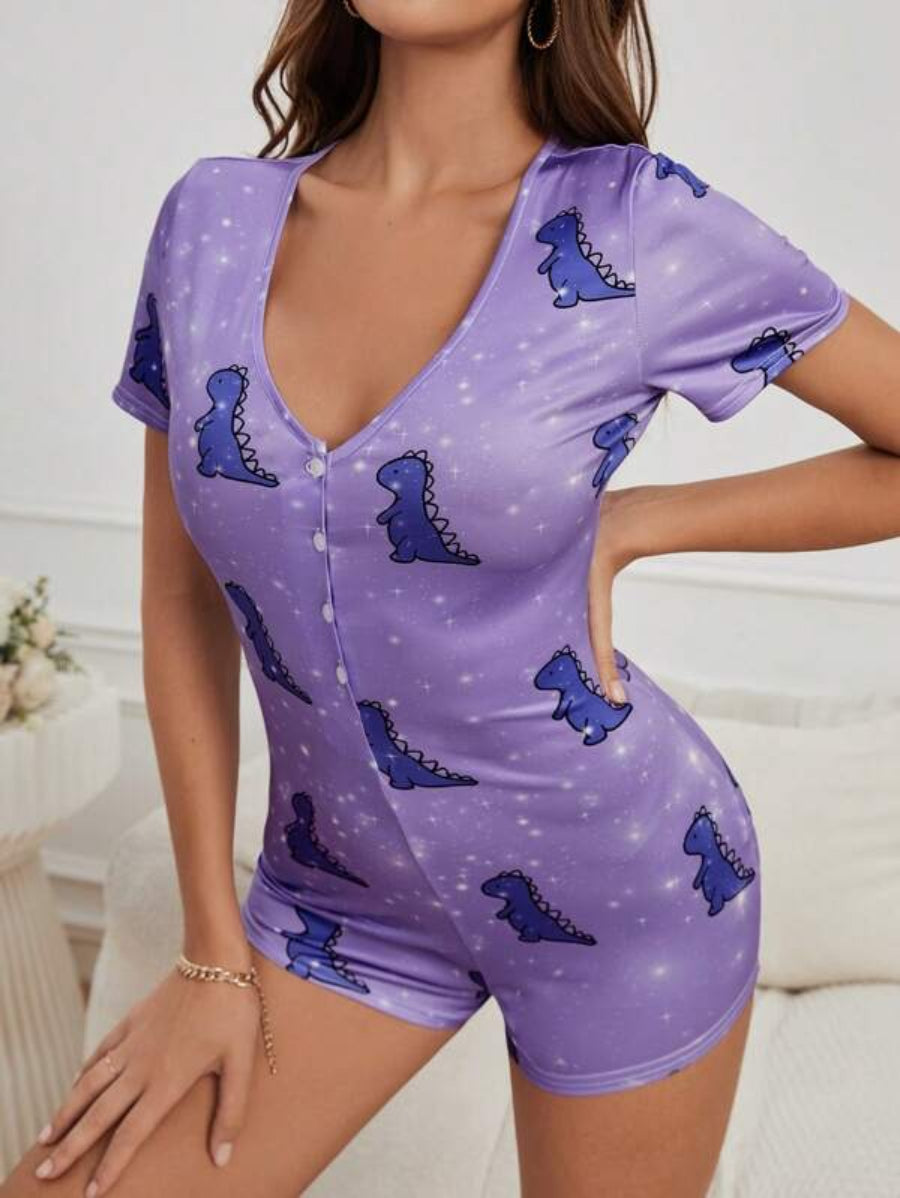 Dinosaur Print Button Front Short Sleeves Sleep Romper-Soco Hoodie