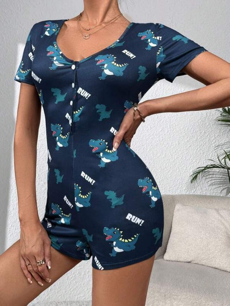 Dinosaur Print Button Front Sleep Romper-Soco Hoodie