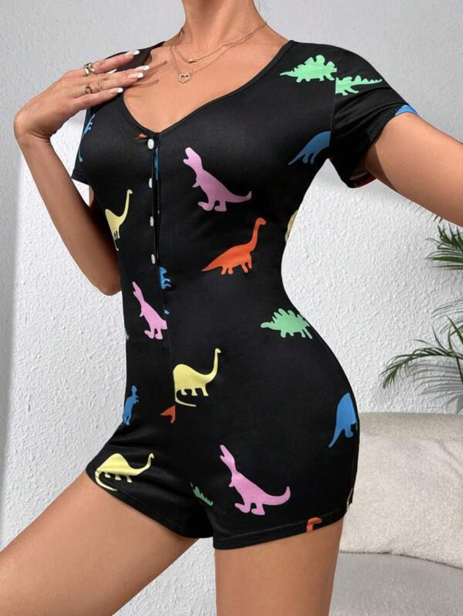 Dinosaur Print Half Button Front Sleep Romper-Soco Hoodie