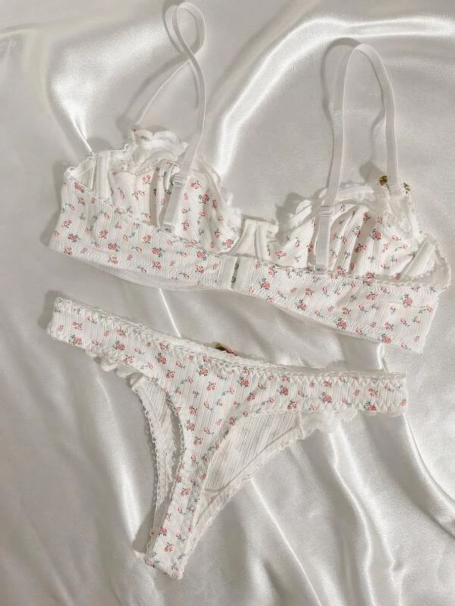 Ditsy Floral Print Contrast Lace Lingerie Set-Soco Hoodie