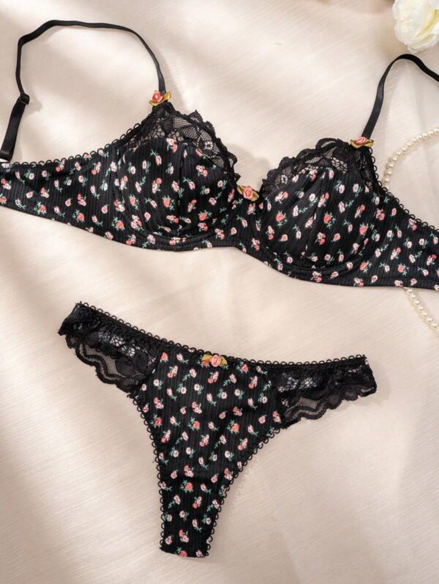 Ditsy Floral Print Contrast Lace Lingerie Set-Soco Hoodie