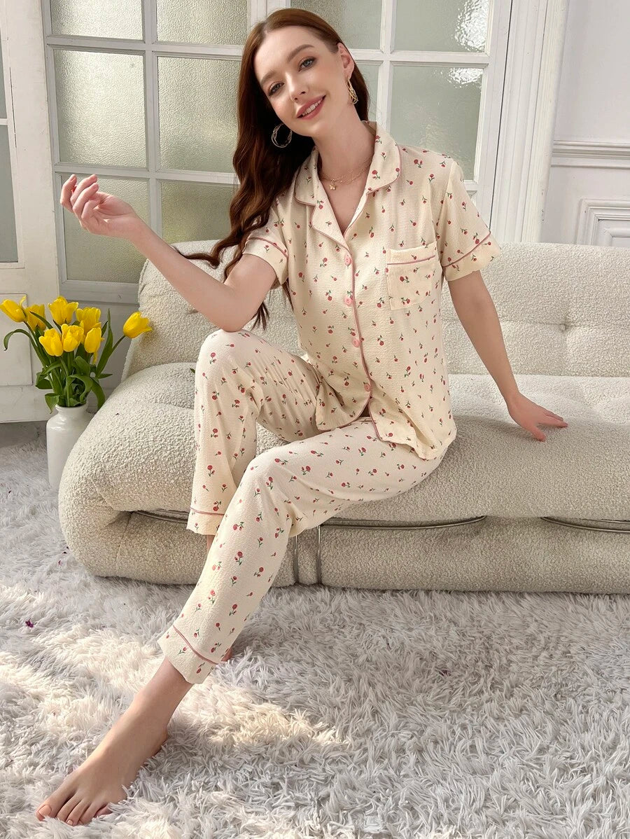 Ditsy Floral Print Contrast Piping Set-Soco Hoodie