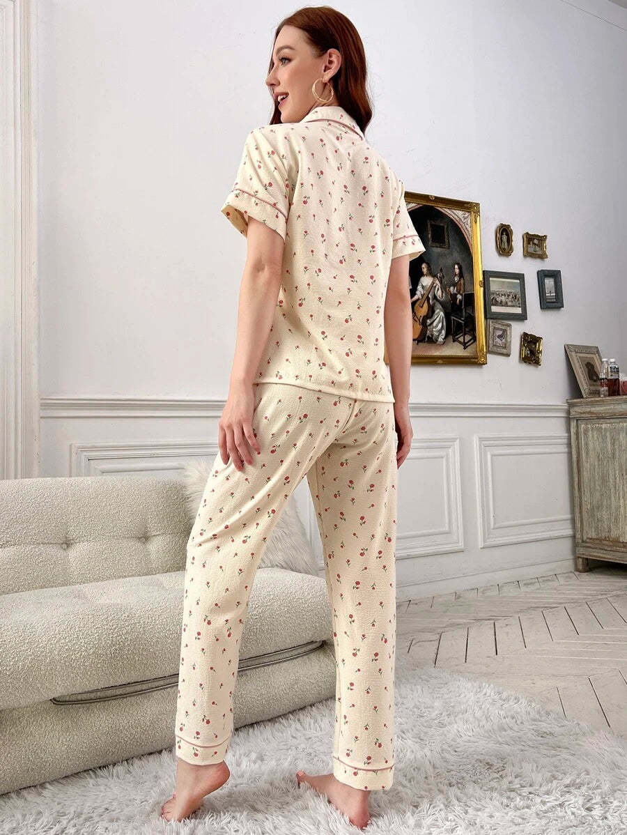 Ditsy Floral Print Contrast Piping Set-Soco Hoodie