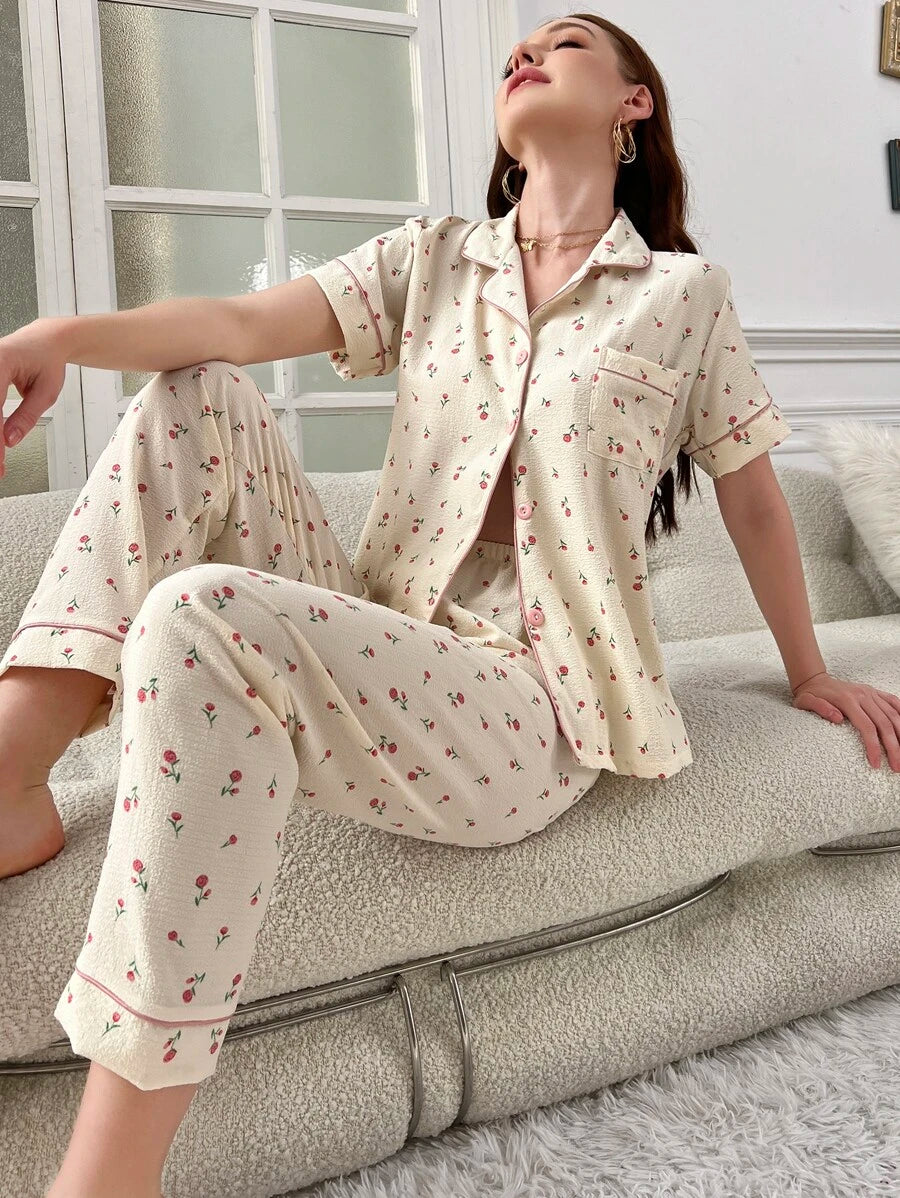 Ditsy Floral Print Contrast Piping Set-Soco Hoodie