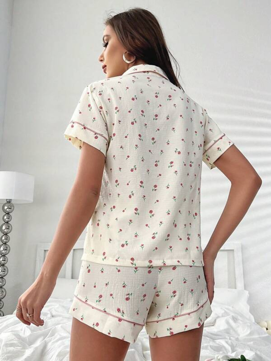 Ditsy Floral Print Contrast Piping Shorts Set-Soco Hoodie