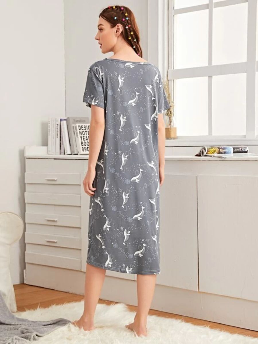 Dolphin And Galaxy Print Night Dress-Soco Hoodie