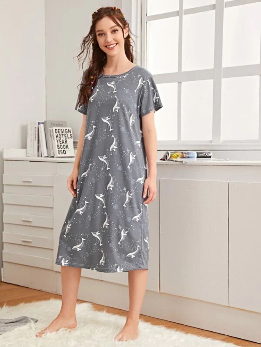 Dolphin And Galaxy Print Night Dress-Soco Hoodie