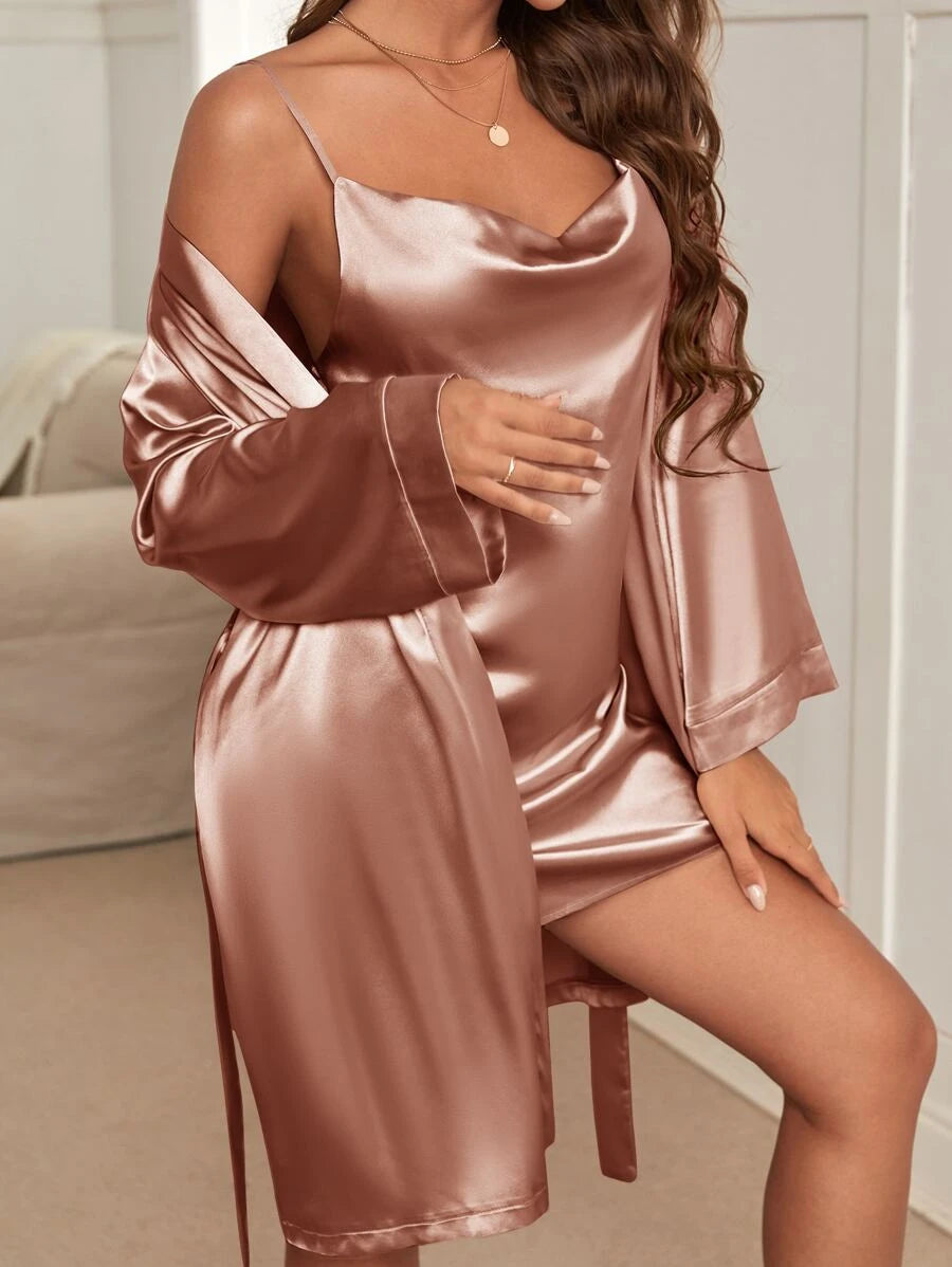 Draped Collar Satin Cami Dress And Belted Robe Set-Soco Hoodie