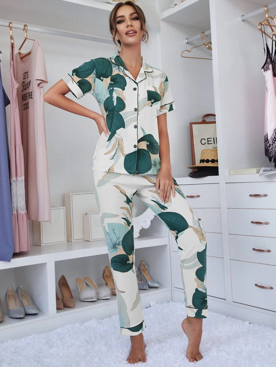 Elegant Contrast Piping Floral Print Night Set-Soco Hoodie