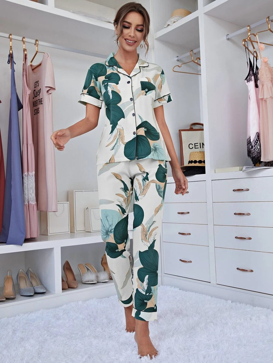 Elegant Contrast Piping Floral Print Night Set-Soco Hoodie