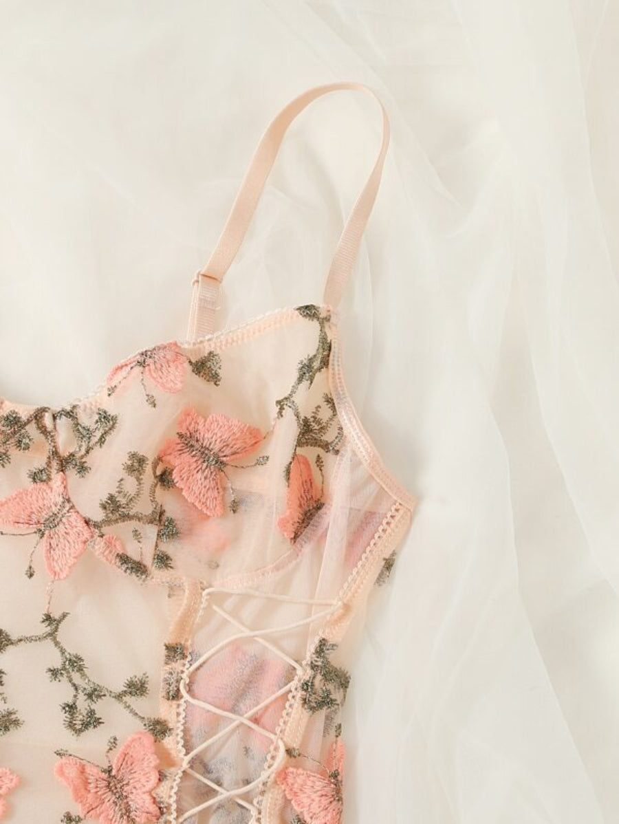 Embroidered Mesh Lace Up Teddy Bodysuit-Soco Hoodie