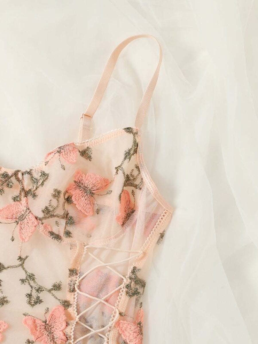 Embroidered Mesh Lace Up Teddy Bodysuit-Soco Hoodie