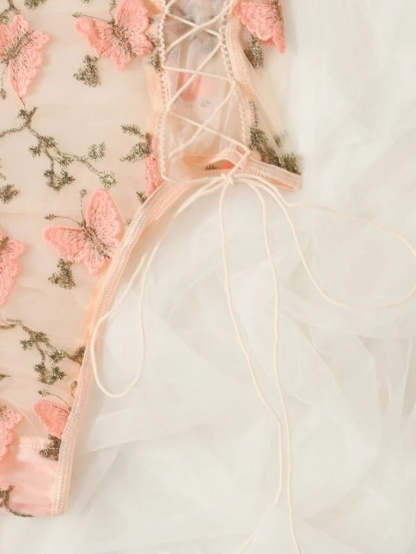 Embroidered Mesh Lace Up Teddy Bodysuit-Soco Hoodie