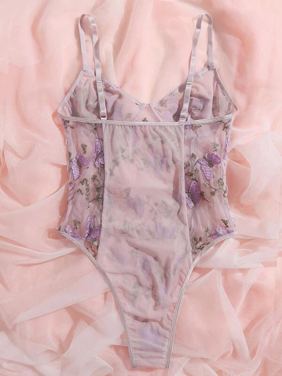 Embroidered Mesh Lace Up Teddy Bodysuit-Soco Hoodie