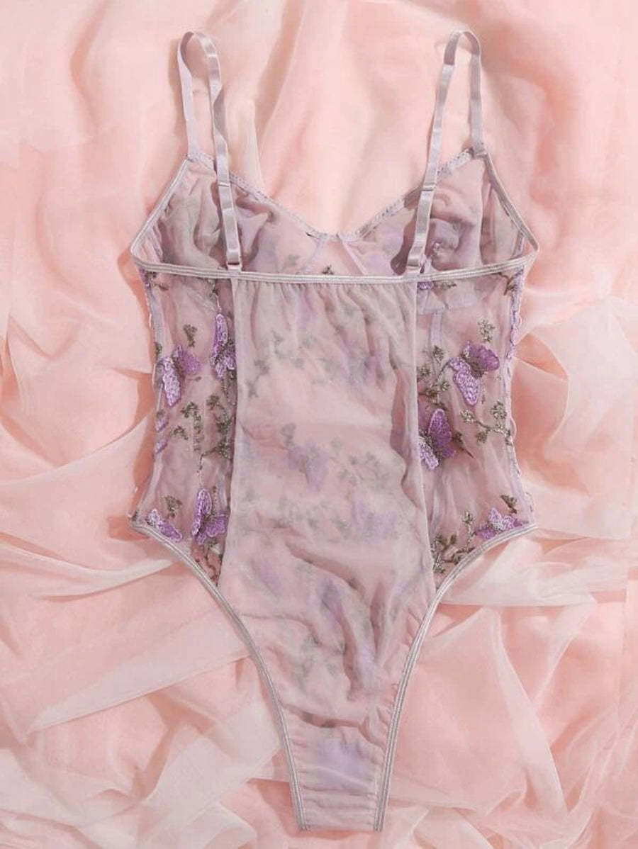 Embroidered Mesh Lace Up Teddy Bodysuit-Soco Hoodie