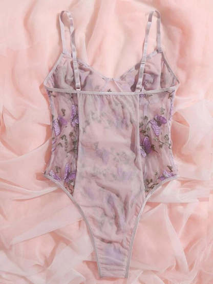 Embroidered Mesh Lace Up Teddy Bodysuit-Soco Hoodie