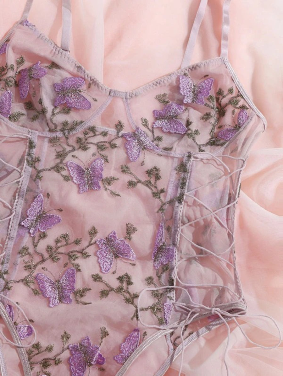 Embroidered Mesh Lace Up Teddy Bodysuit-Soco Hoodie