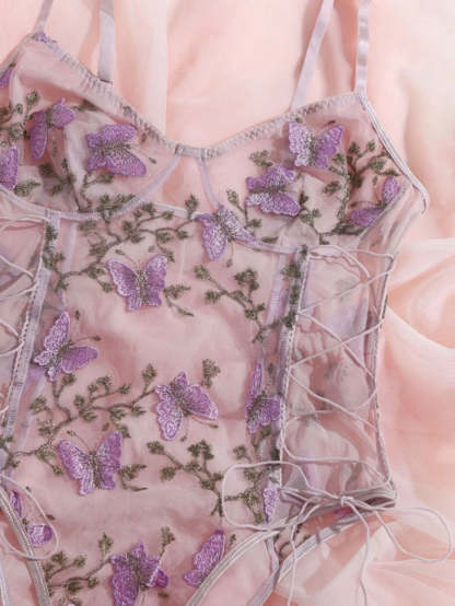 Embroidered Mesh Lace Up Teddy Bodysuit-Soco Hoodie