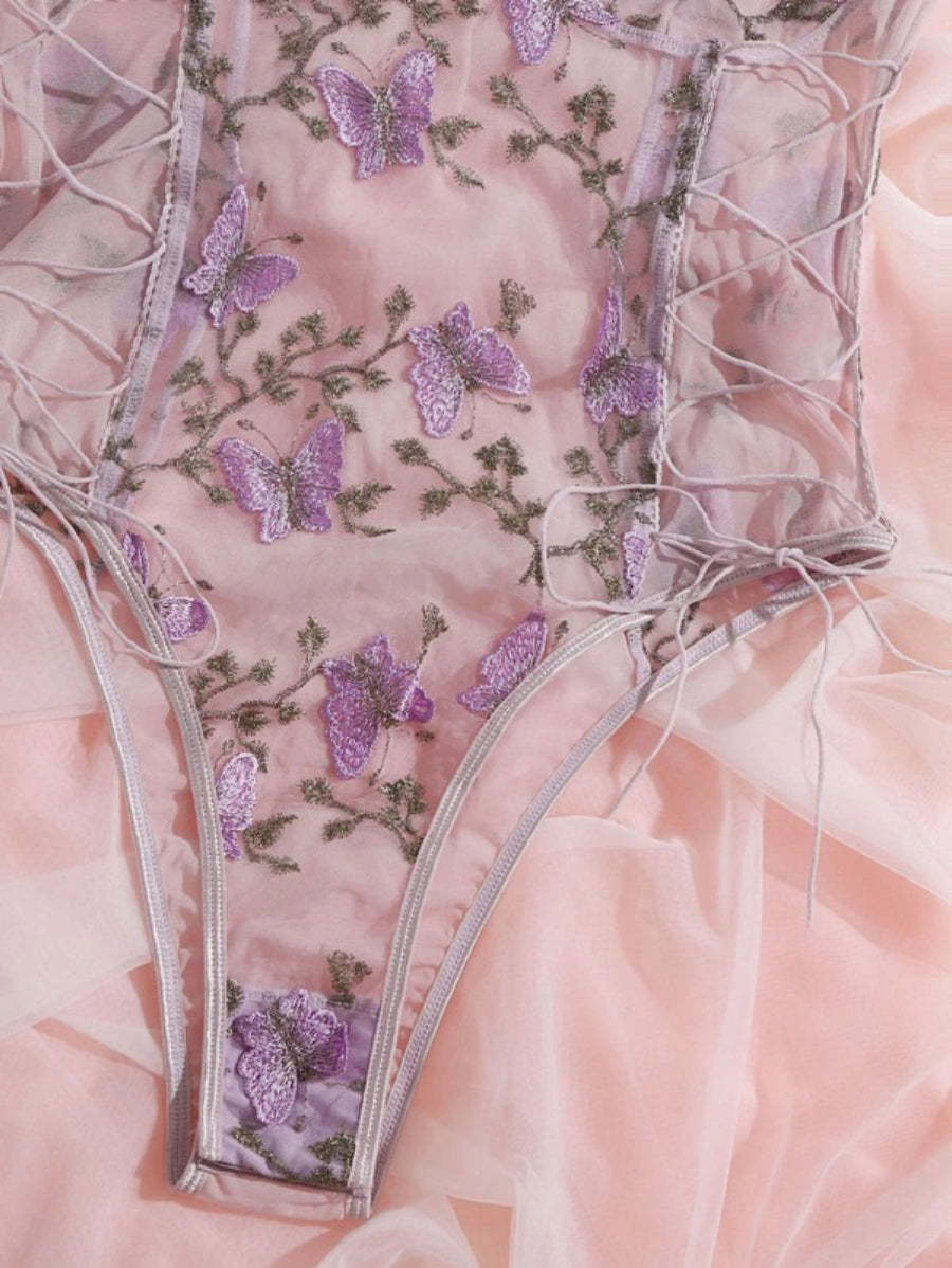 Embroidered Mesh Lace Up Teddy Bodysuit-Soco Hoodie