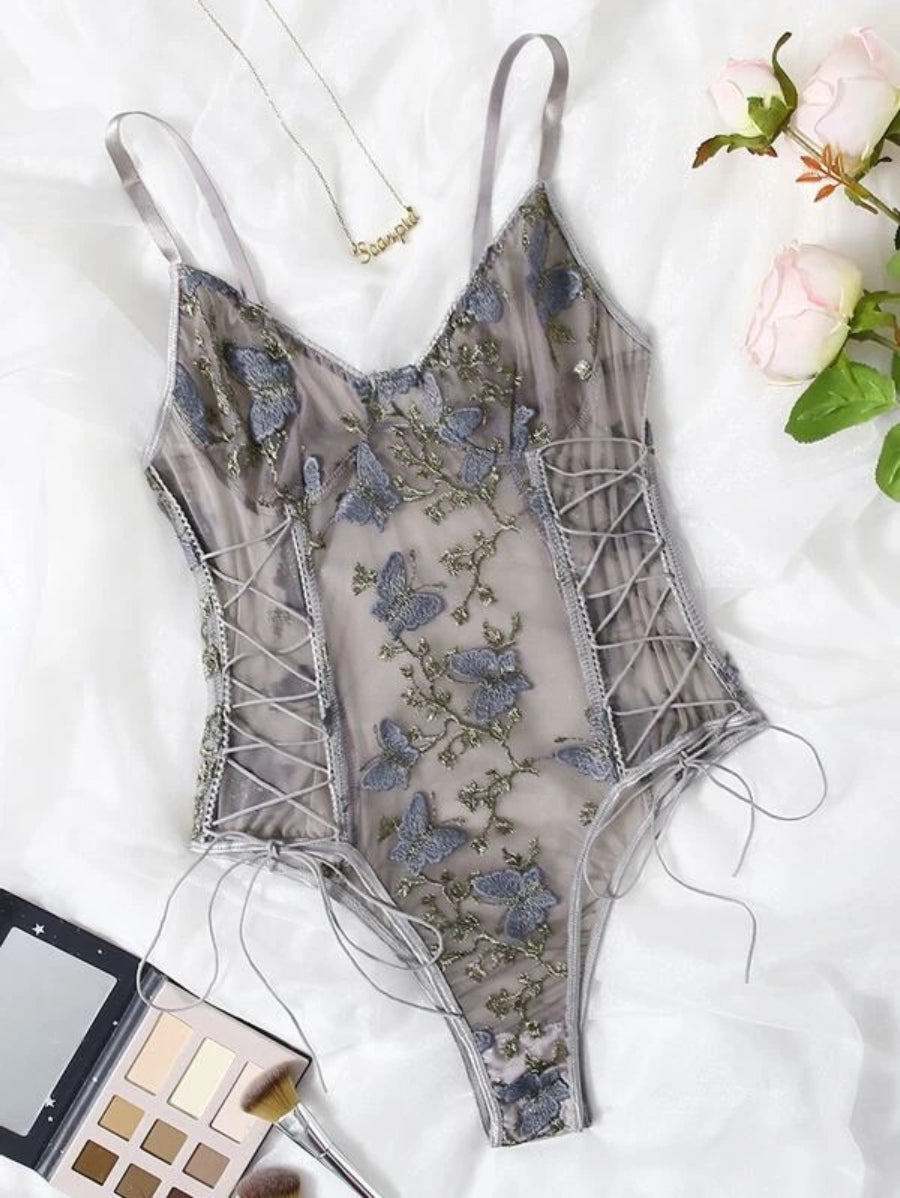 Embroidered Mesh Lace Up Teddy Bodysuit-Soco Hoodie