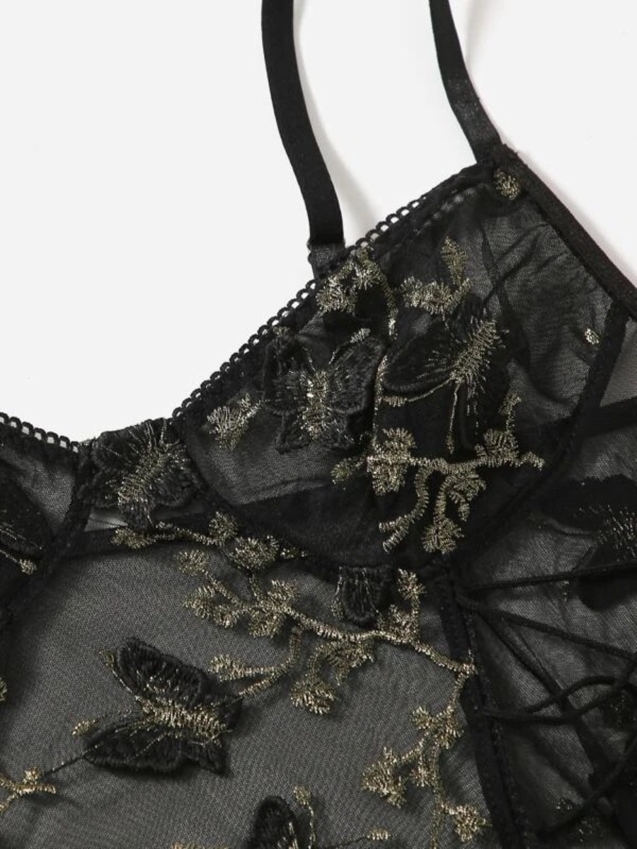 Embroidered Mesh Lace Up Teddy Bodysuit-Soco Hoodie