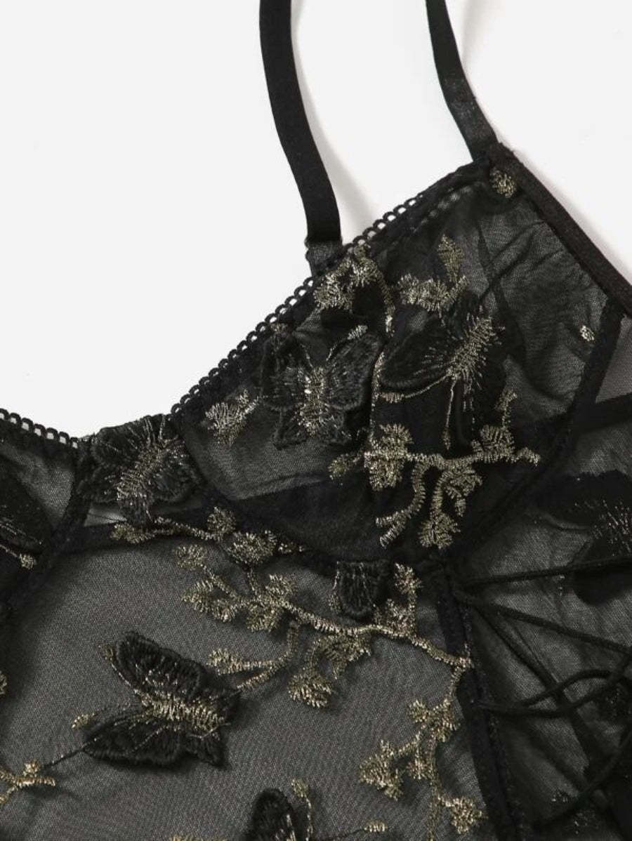 Embroidered Mesh Lace Up Teddy Bodysuit-Soco Hoodie