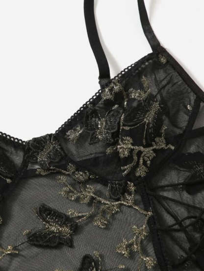 Embroidered Mesh Lace Up Teddy Bodysuit-Soco Hoodie