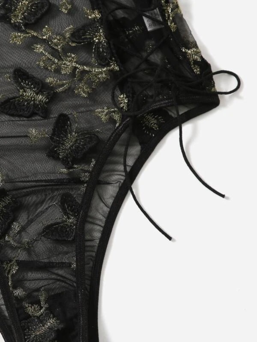 Embroidered Mesh Lace Up Teddy Bodysuit-Soco Hoodie