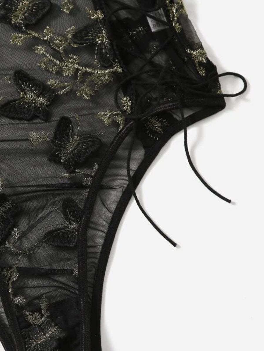 Embroidered Mesh Lace Up Teddy Bodysuit-Soco Hoodie