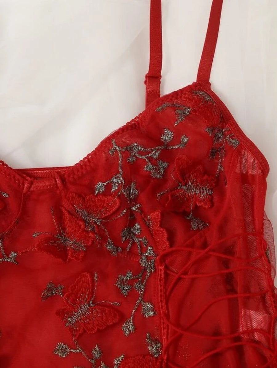 Embroidered Mesh Lace Up Teddy Bodysuit-Soco Hoodie