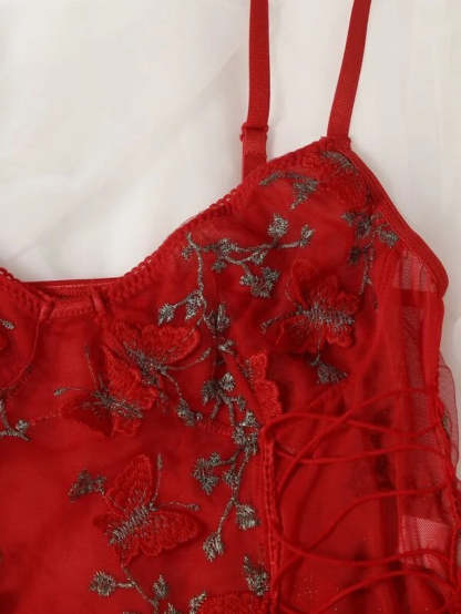 Embroidered Mesh Lace Up Teddy Bodysuit-Soco Hoodie