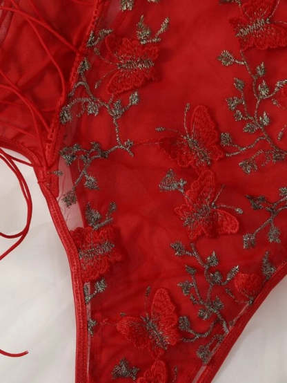 Embroidered Mesh Lace Up Teddy Bodysuit-Soco Hoodie