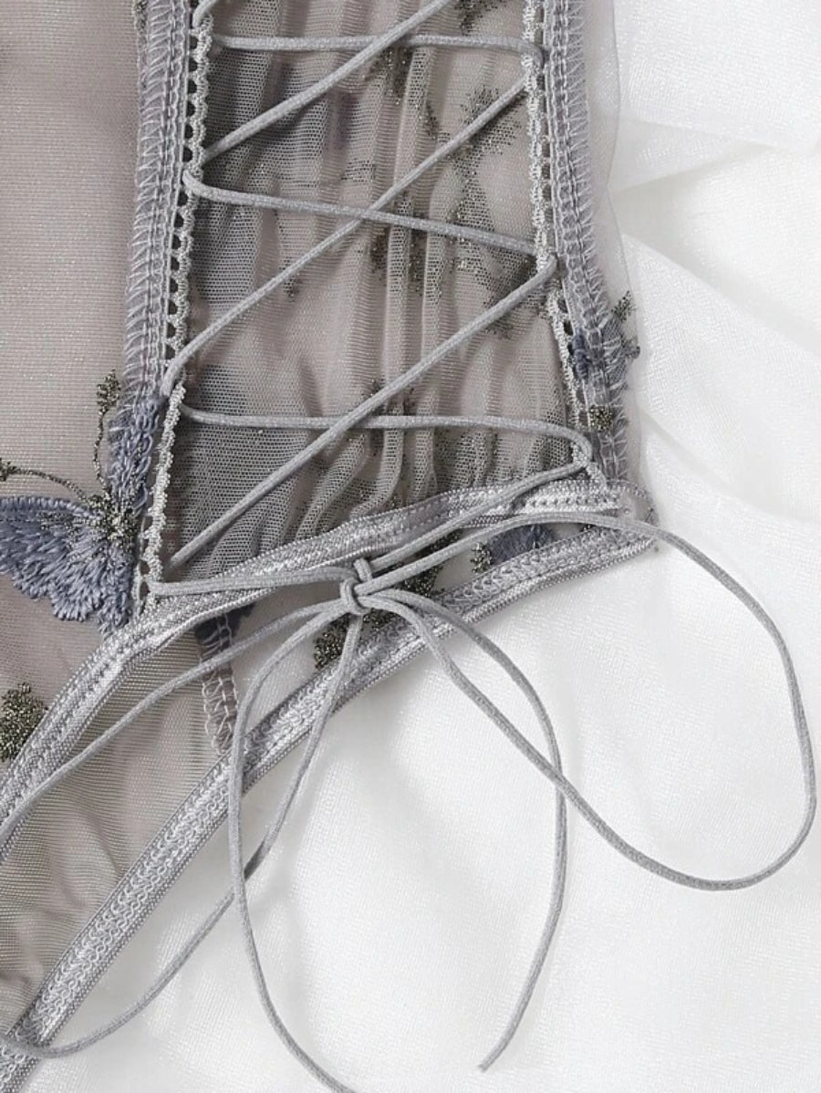 Embroidered Mesh Lace Up Teddy Bodysuit-Soco Hoodie