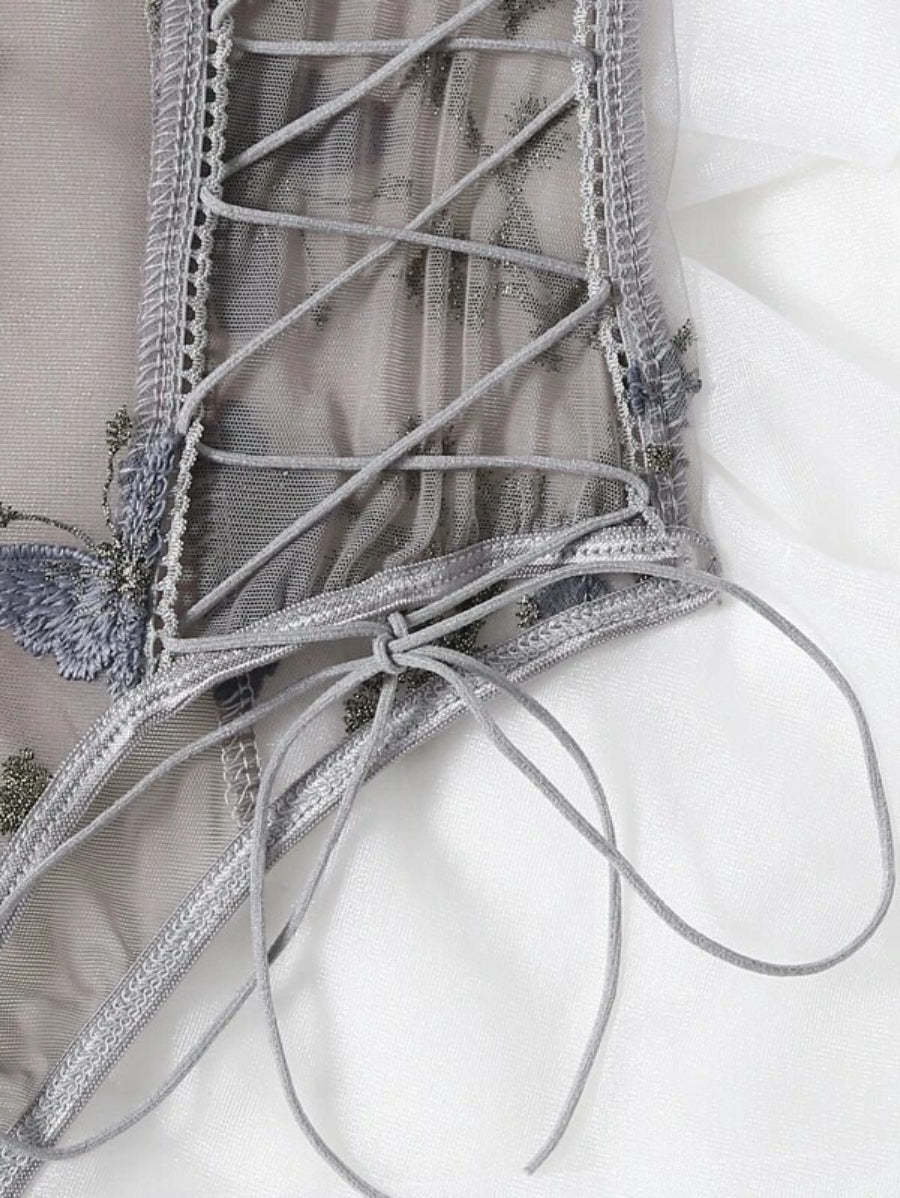 Embroidered Mesh Lace Up Teddy Bodysuit-Soco Hoodie