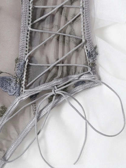 Embroidered Mesh Lace Up Teddy Bodysuit-Soco Hoodie