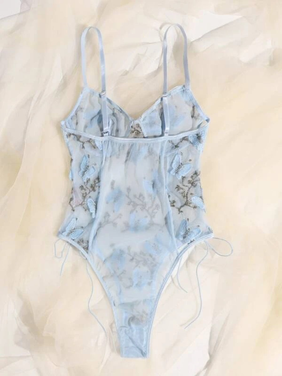 Embroidered Mesh Lace Up Teddy Bodysuit-Soco Hoodie