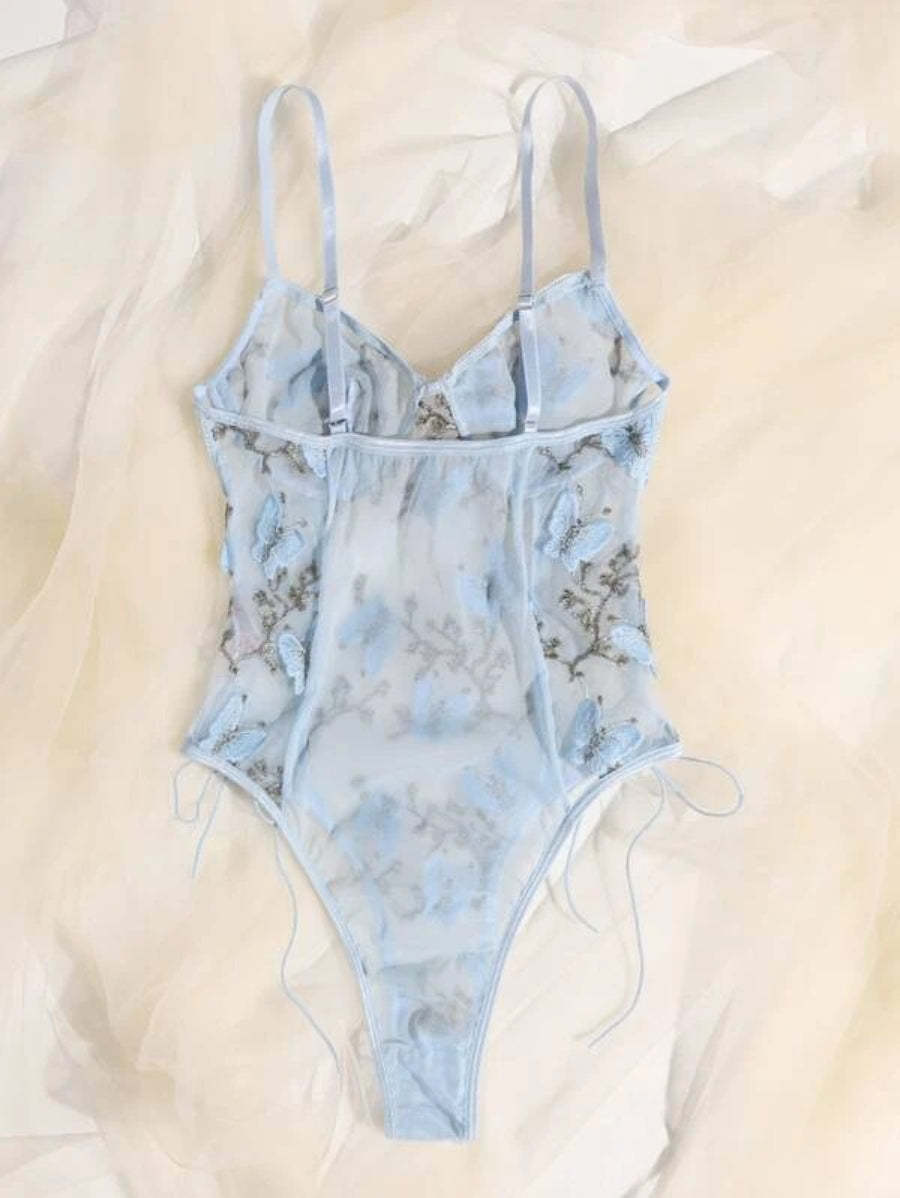 Embroidered Mesh Lace Up Teddy Bodysuit-Soco Hoodie