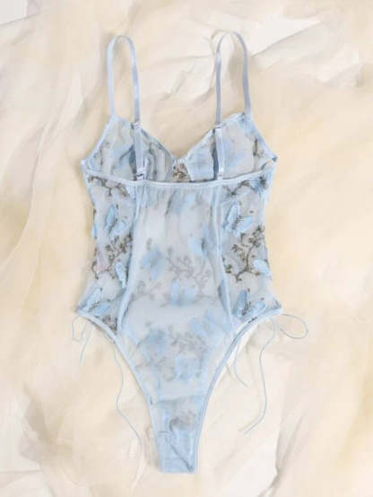 Embroidered Mesh Lace Up Teddy Bodysuit-Soco Hoodie