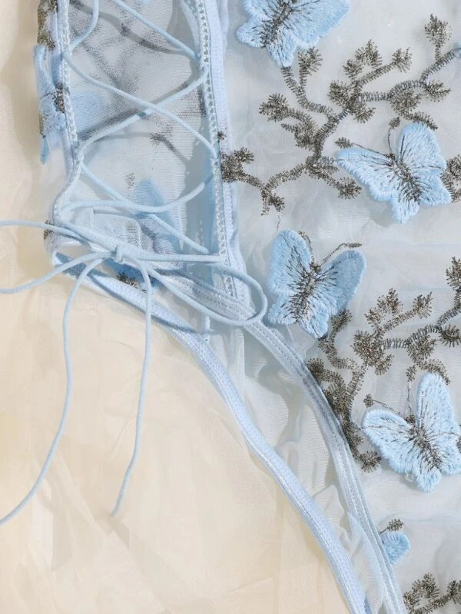 Embroidered Mesh Lace Up Teddy Bodysuit-Soco Hoodie