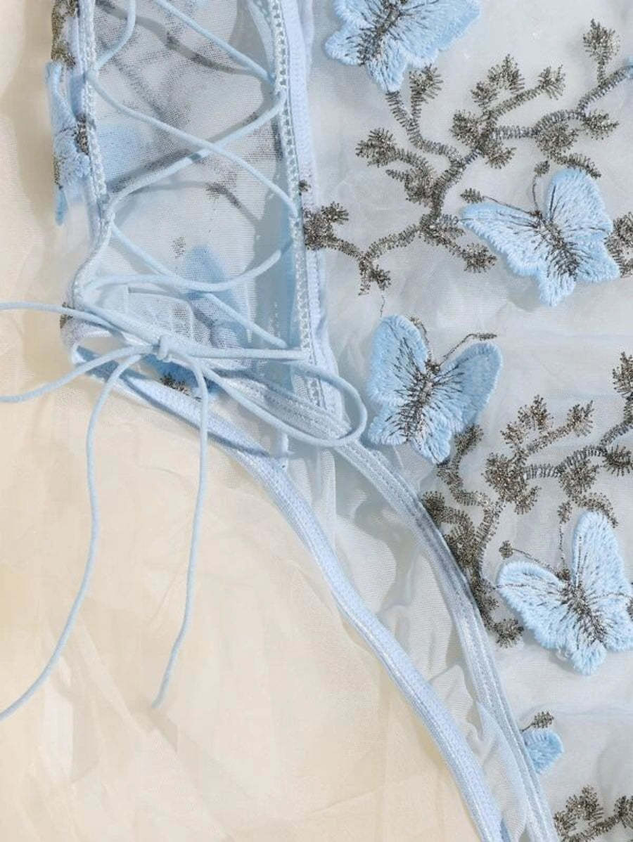 Embroidered Mesh Lace Up Teddy Bodysuit-Soco Hoodie