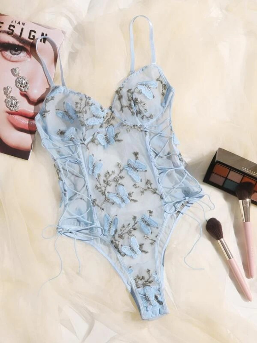 Embroidered Mesh Lace Up Teddy Bodysuit-Soco Hoodie