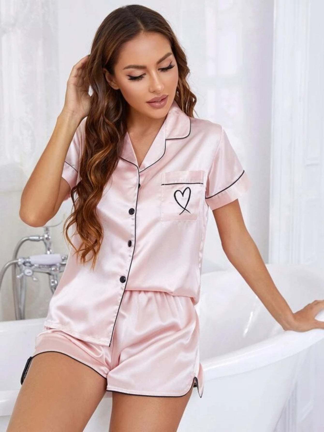 Embroidered Satin Short Set-Soco Hoodie