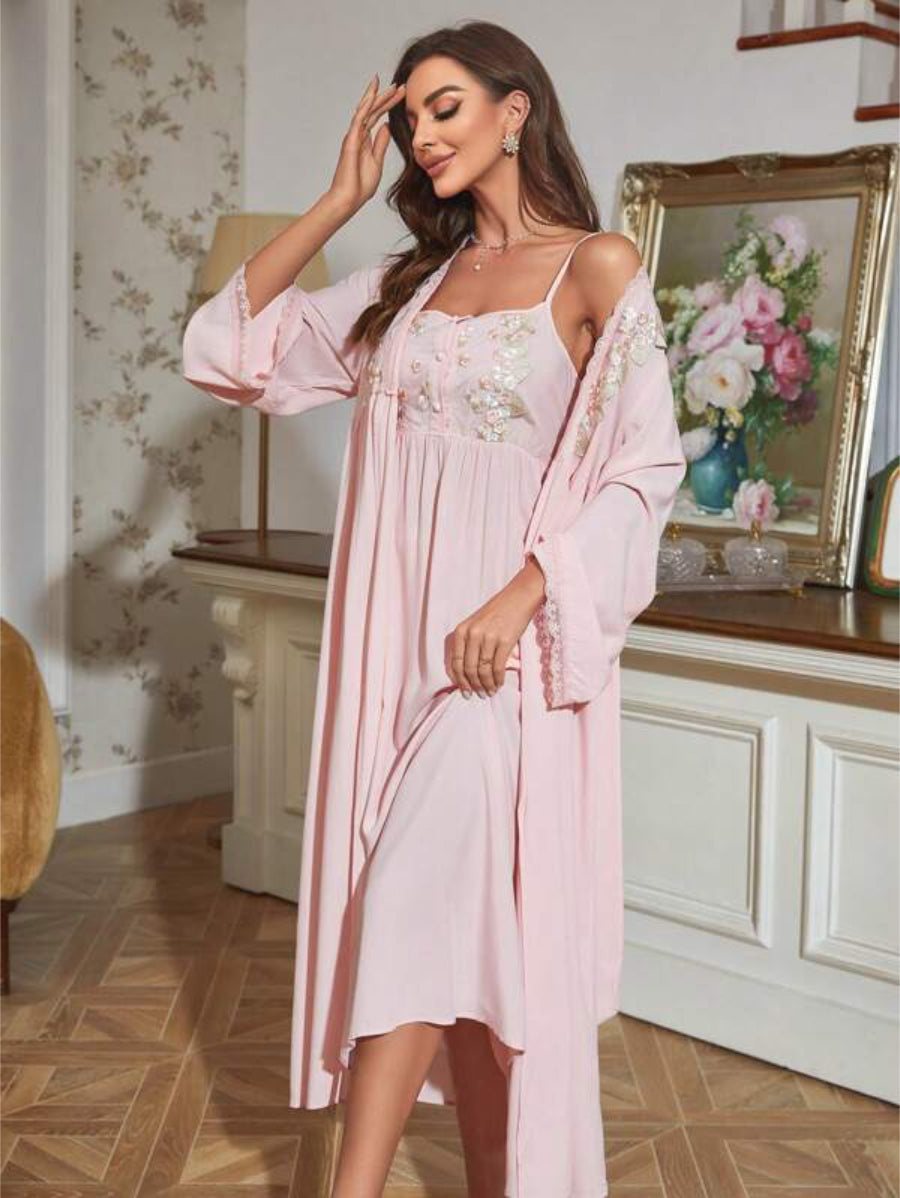 Embroidery Flounce Sleeve Robe And Cami Dress Set-Soco Hoodie