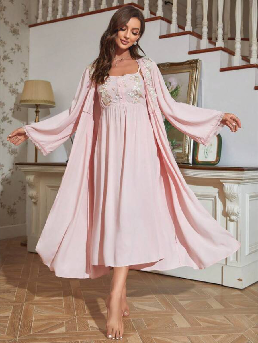 Embroidery Flounce Sleeve Robe And Cami Dress Set-Soco Hoodie