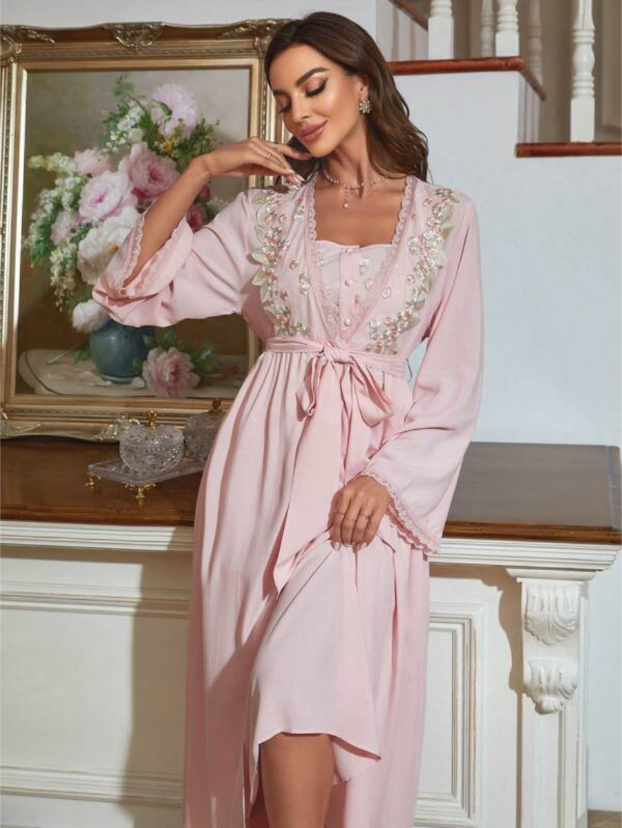 Embroidery Flounce Sleeve Robe And Cami Dress Set-Soco Hoodie