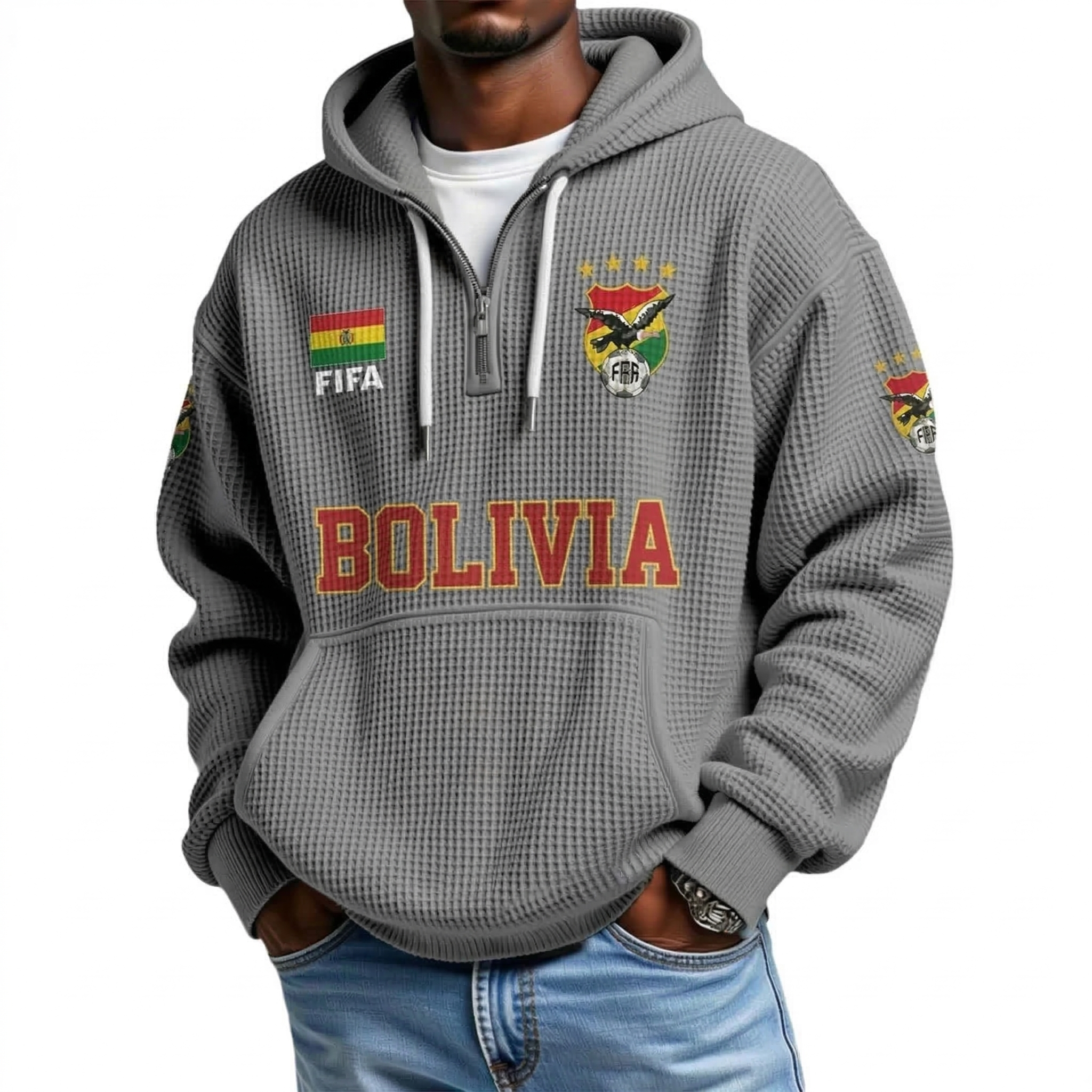 FIFA 2026 Bolivia Printed Waffle Quarter Zip Football Fan Hoodie