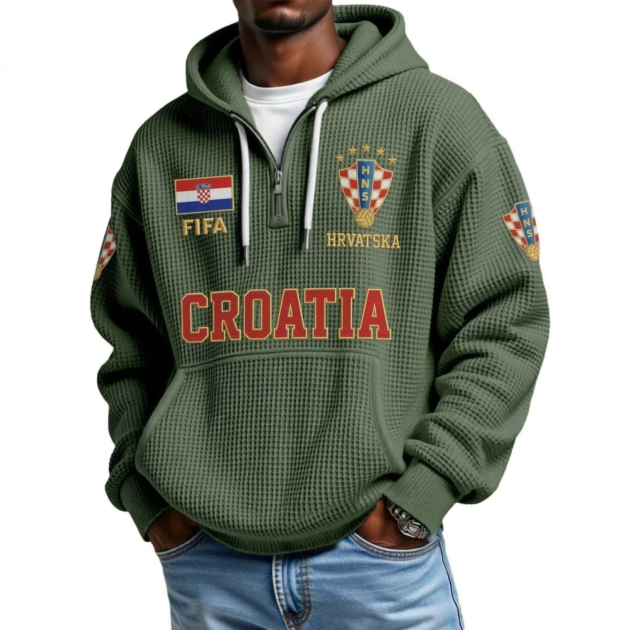 FIFA 2026 Croatia Printed Waffle Quarter Zip Football Fan Hoodie